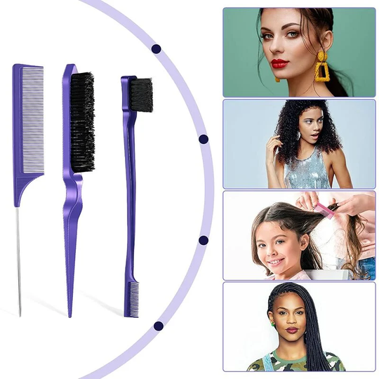 3 Pack Hair Slicker Brush, Hair Brush, Edge Comb, Hair Brush, Grooming Combs, Heavy Duty Rat Tail Comb for Women, Babies, Kids Hair (Purple)