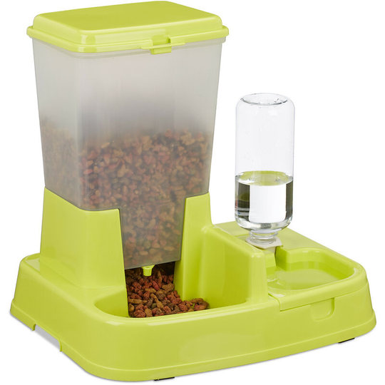 Relaxdays - 2in1 Pet Feeding Station, Dual Food and Water Dispenser for Cats & Dogs, Bottle, 4 l, Plastic, Green