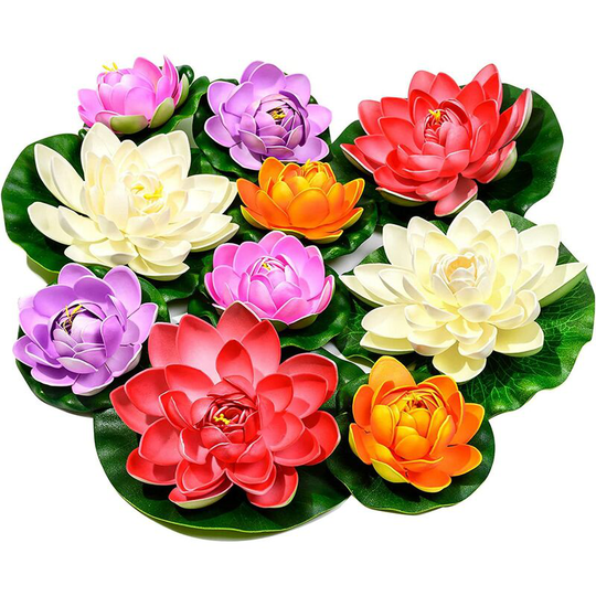 Bearsu - 10pcs Artificial Floating Foam Lotus Flower with Water Lily, Realistic Ornament Perfect for Outdoor Patio Pond Aquarium Wedding Party
