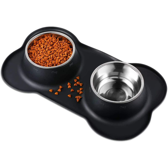 Litzee - 2pcs Non-Slip Dog and Cat Bowl, Stainless Steel Double Dog Bowl with Anti-Spill Silicone Mat, Foldable Dog Cat Puppy Bowl