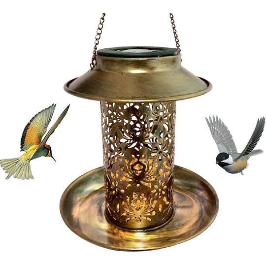 Solar Bird Feeders for Outdoors, Vintage Metal Copper Hollowed Out Hanging Wild Bird Feeder Outdoor Lighthouse Garden Light Birdhouse Yard Decor Gift