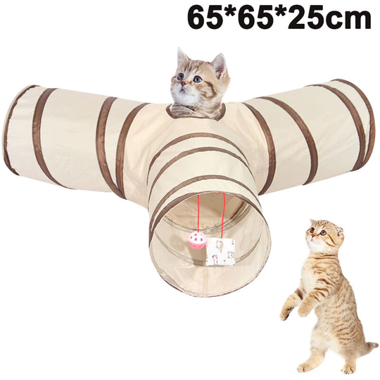 Cat Tunnel , Collapsible 3 Way Play Toy - Tube Fun for Rabbits, Kittens, and Dogs, coffee + beige