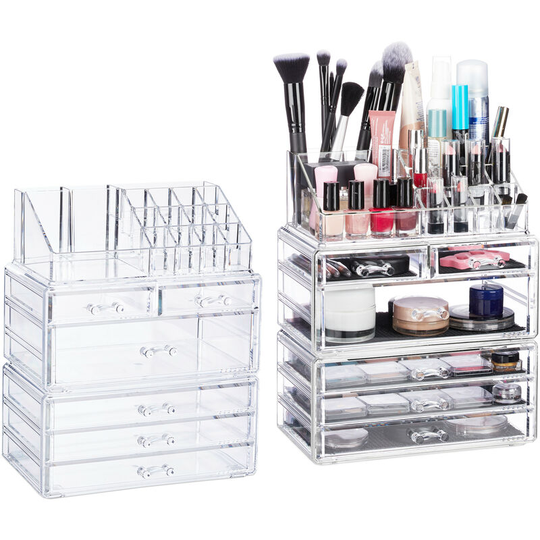 Relaxdays - Set of 2 Organiser with 6 Drawers, 22 Compartments for Makeup Storage, Acrylic Cosmetic Tower, Clear