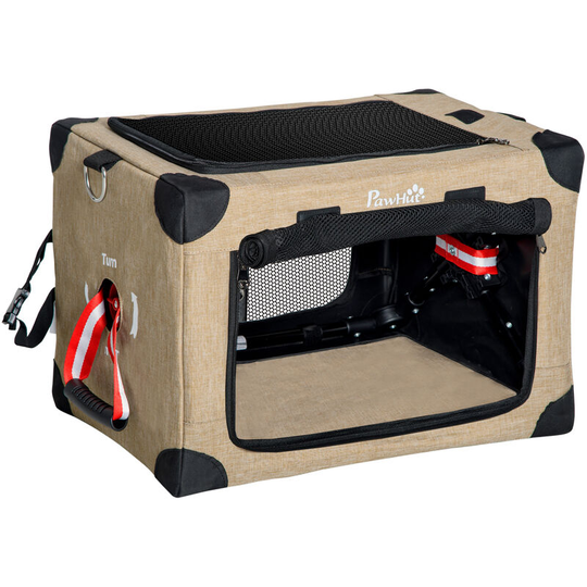 Collapsible Dog Crate Foldable Pet Carrier for Cats Small Dog 50x34x33cm - Khaki - Pawhut