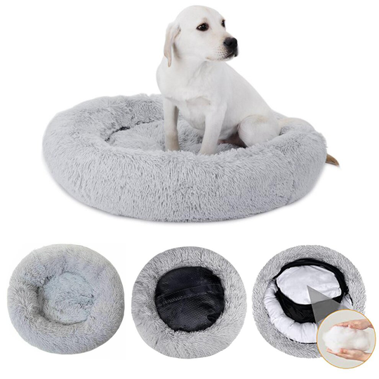 (Light Grey, XL) JS One Calming Ultra Soft Round Shag Faux Fur Dog Cat Donut Bed Orthopaedic Washable Cover Warm Fluffy Nest Mattress for Pet Non Slip