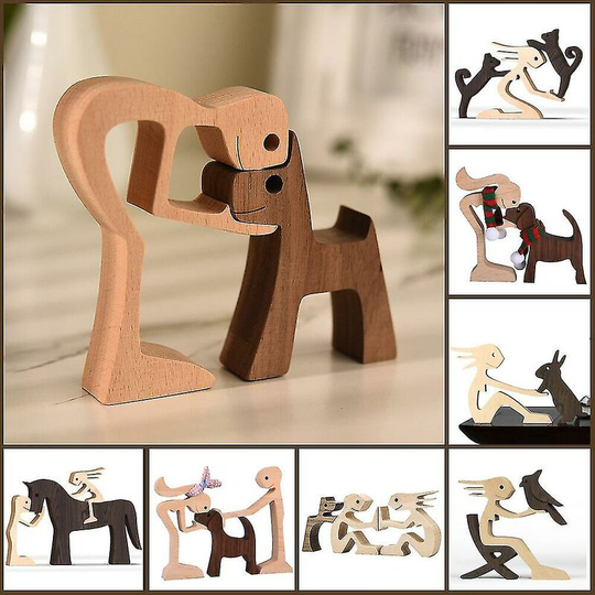 Thsinde - Family Puppy Wood Dog Craft Figurine Desktop Table Ornament Carving Model Home Office Decoration Pet Sculpture For Dog Lovers Style a