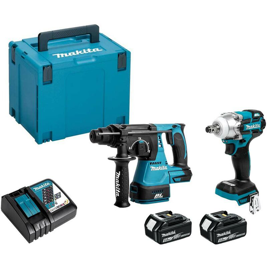 Makita DLX2268TJ Cordless 18V LXT Brushless Impact Wrench And Rotary Hammer Set With 2x5Ah Batts, Charger And Carry Case