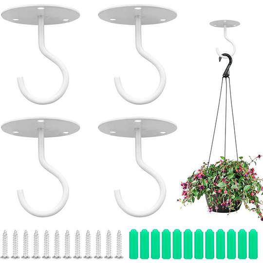 Litzee - Wall Mount Ceiling Hooks 4 pcs, Metal Plant Bracket Heavy Duty Ceiling Hangers with Screws and Anchors for Hanging Plant Baskets, Lanterns,