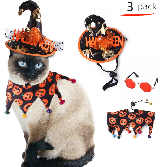 3pcs New Halloween Pet Collar Hat Set Dog Cat Witch Hat Puppy Kitten Christmas Halloween cosplay clothes photo props