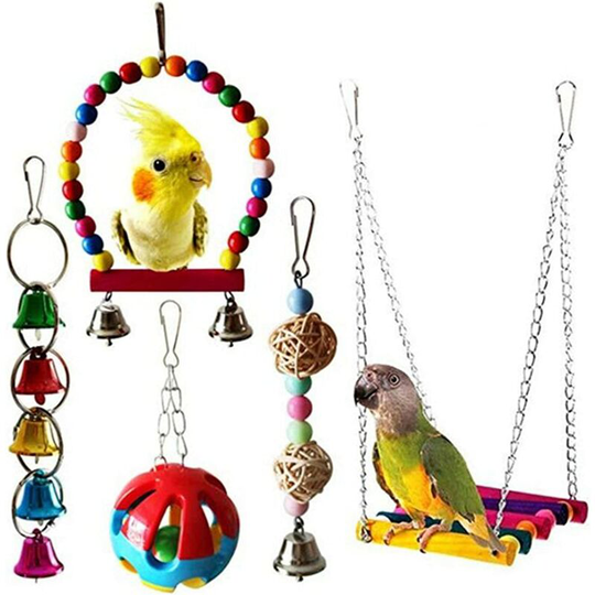Soekavia - 5/10Pcs Parrot Bird Toy Set, Colorful Hanging Bell Chewing Toy Ladder Swing for Small Parrots, Macaws, Parakeets, Conures, Cockatiels,