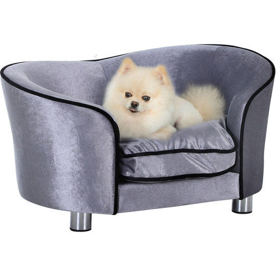 Dog Sofa Pet Chair Kitten Bed Couch w/ Wooden Frame Removable Cushion - Grey - Pawhut
