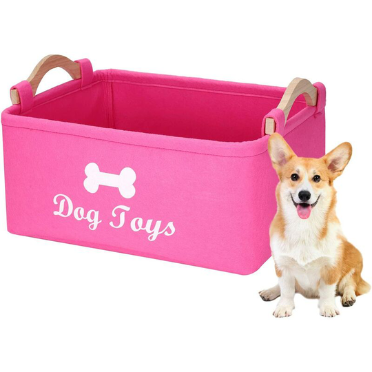 Dog Toy Storage Basket, with Wooden Handle, for Pet Supplies, Storage Box for Dog Toys, Clothes and Accessories -Pink