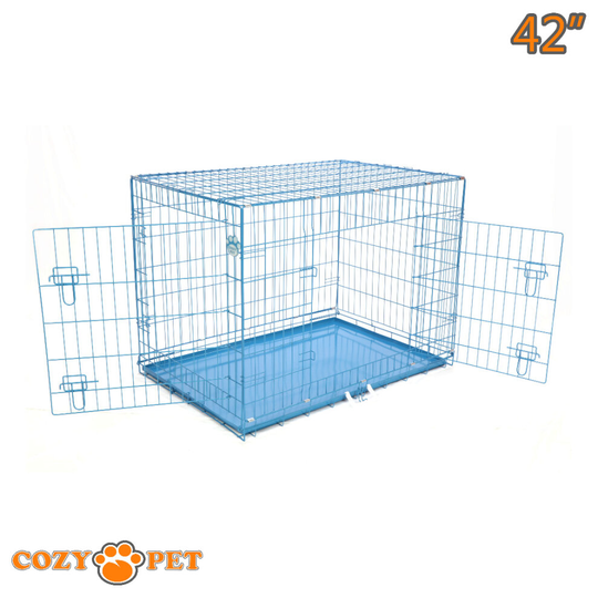 Dog Cage Blue 42 in Puppy Crate XL Cozy Pet Dog Crates Folding Metal Cages