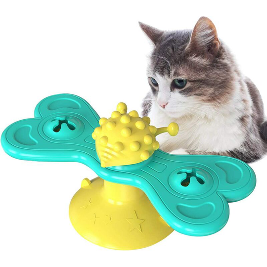 Windmill Cat Toy with Catnip, Non-Toxic Rubber Cat Interactive Toothbrush Chew Toy, Multi-Functional Turntable Kitten Toy for Massage Scratching