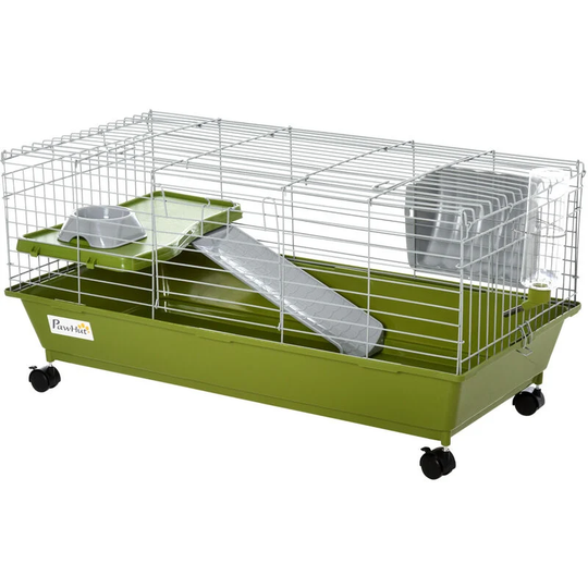 PawHut 89cm Small Animal Cage for Rabbit Ferret Guinea Pig w/ Food Dish Green - Green