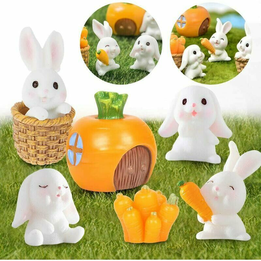 Monly - Miniature Rabbit Ornament, 7 Pcs Mini Rabbit Figurine, Easter Bunny Carrots House, for Fairy Garden Landscape Decoration Animal Figurines