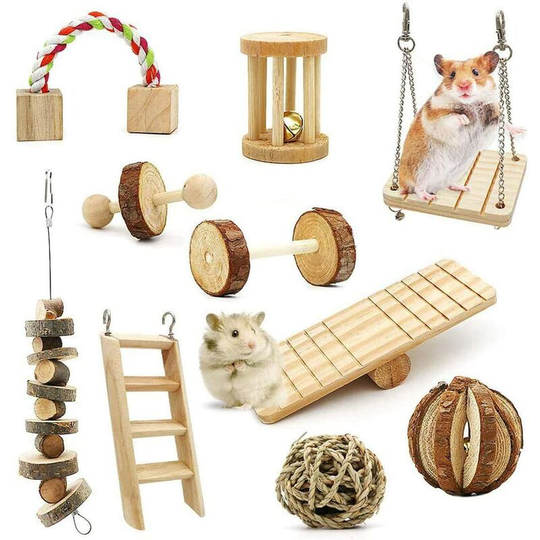 Pack of 10 Hamster Chew Toys, Guinea Pig Natural Wood Toys Gerbil Rats Chinchillas Toys Accessories Dumbbells Exercise Bell Roller Care
