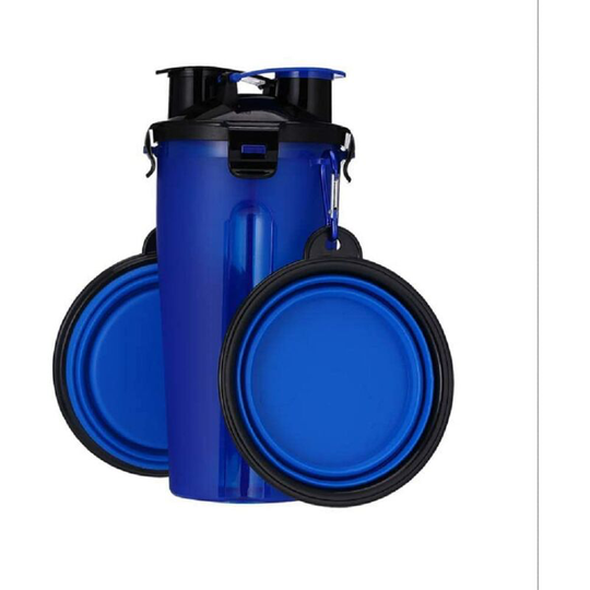 Bottle of Laptops for Animals, Pet Food Container Bottle 2-in-1 Double Room with Set of 2 Foldable Bowl for Dogs / Cats (Blue)