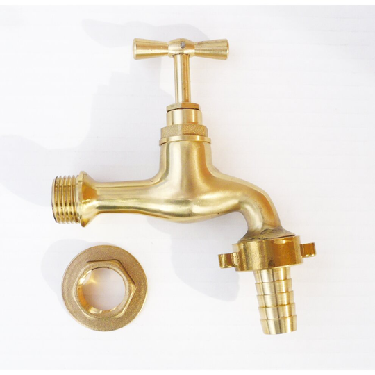 Antique Style Polished Brass Tap. 1/2" BSP Thread. c/w 1/2" Hose Tail & Back Nut