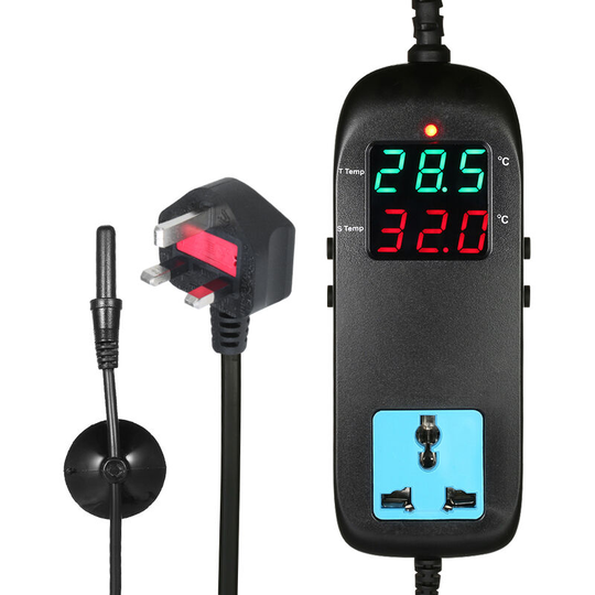 Electronic Thermostat led Digital Display Breeding Temperature Controller Thermocouple Thermostat with Socket ac 90V~250V (Black-UK Plug)