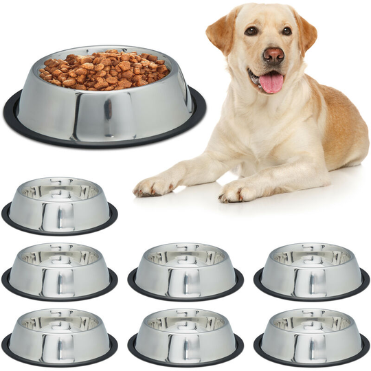Relaxdays Dog Feeding Bowl Set of 8, Water Dish, Feeding Station, Non-Slip. Stainless Steel, Size L, 0.75 L, Silver