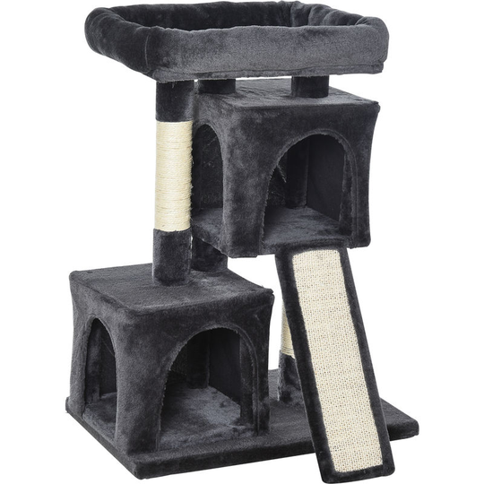 Cat Rest & Play Activity Tree w/ 2 House Perch Scratching Post Black - Black - Pawhut