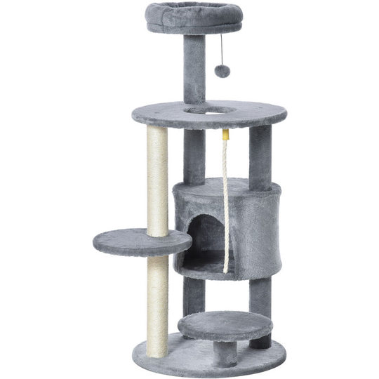 Cat Tree Tower Activity Center with Hanging Ball Toy Teasing Rope 112cm - dark grey - Pawhut