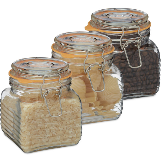 Storage jars in set of three, 750ml each, swing top, cookie jar, cereal jar, pickling jar, glass, transparent - Relaxdays