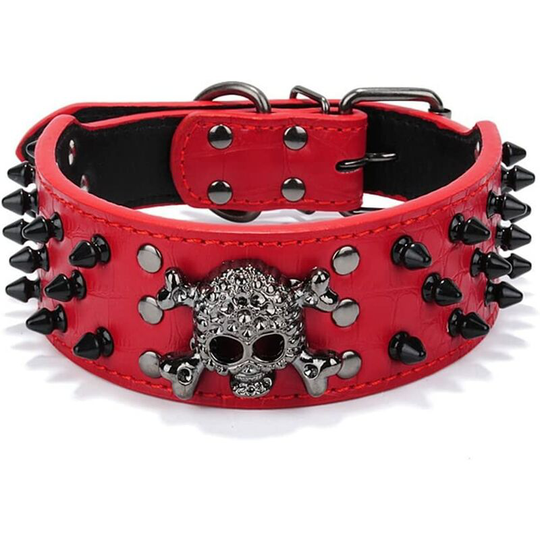 Leather 3 Row Bullet Rivets Studded Leather Skull Cool for Medium Large Dog Collar(M)-red