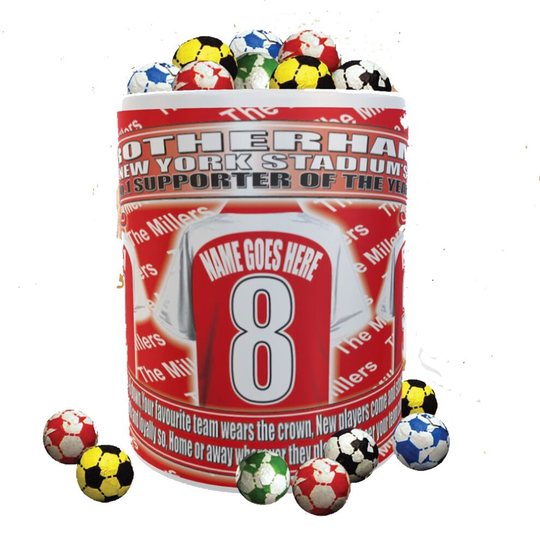 Personalised Rotherham Football Shirt Ceramic Gift Mug with Chocolate Footballs