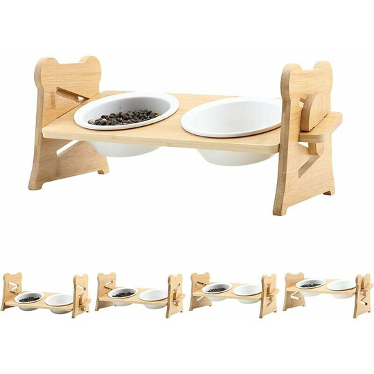 Qersta - Dog Bowl and Bowl Elevated Cat Bowl Stand with Dual Ceramic Bowls, 4 Height Adjustable Food and Water Bowls for Cats, Small and Medium Dogs