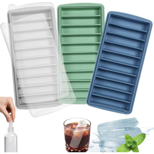 Denuotop - Stick Ice Cube Tray, Silicone, with Lid, Ideal for Sports and Water Bottles, 10 Cavities (Pack of 3, Multicolor)