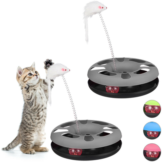 Set of 2 Relaxdays Cat Toys Carousel with Mouse, Interactive Toy, Ball with Bell, Pet Training, Grey