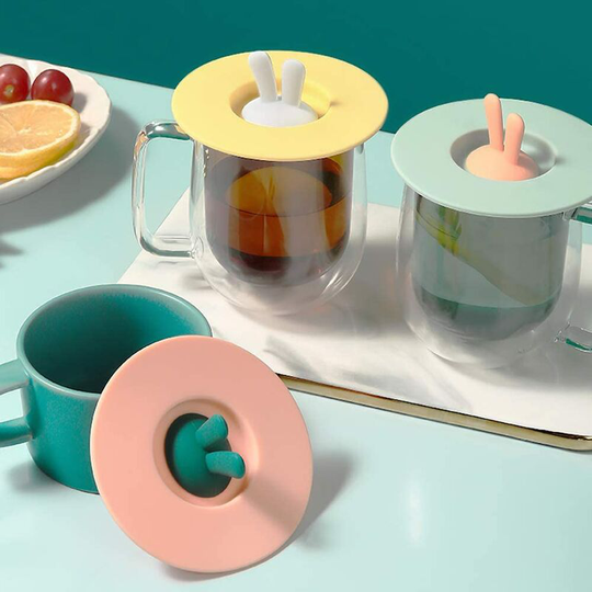 Silicone Cup Lids - Mug Lid [3 Pack] Airtight Dust Proof Rabbit Cup Lid - Hot Cup Lids - Bright Color Silicone Drink Cup Lids