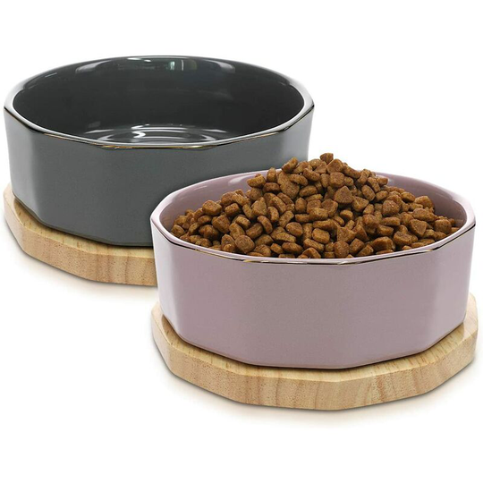 Einemgeld - Set 2X Ceramic Bowl - Design Bowl for Cat Dog Puppy 800 ml with Oak Wood Stand - Set 2X Raised Bowl with Base