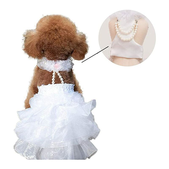 Dog Wedding Dress Bride Outfit with Pearl Necklace and Rose Pet Princess Formal Apparel for Cat Rabbit Poodle (xs)