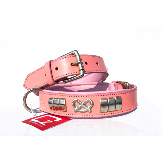 (Pink) STAFFORDSHIRE LEATHER DOG COLLAR FITTED WITH BRASS (CHROME PLATED) HARDWARE & STAFFY KNOT