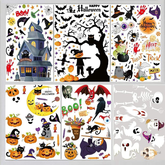 6 Sheets Halloween Stickers, Halloween Stickers for Window and Showcase Stickers of Happy Halloween, Pumpkin, Cat, Skull, Haunted House, Elf, Bald,