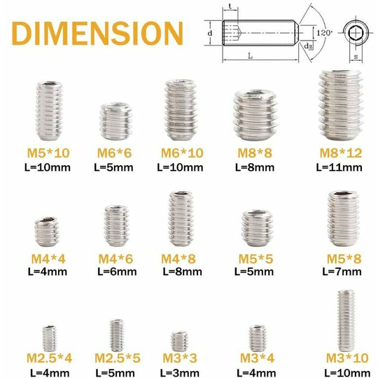 Kit 300Pcs M2.5 M3 M4 M5 M6 M8 Vis Sans Tête Hexagonale,Set Assortiment Kit De Acier Inoxydable Douille Hexagonale Vis-Pointeau Vis Avec Entraînement