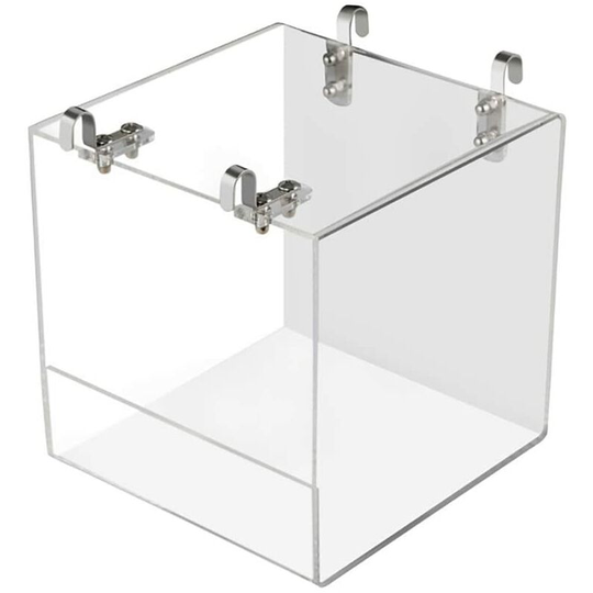 Bird bath with metal hanging hook for most bird cages, parrots, parakeets, cockatiels, etc. Transparent