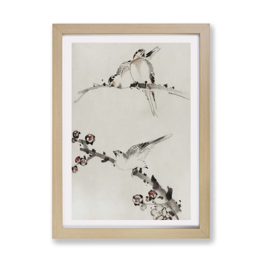 'Three Birds Perched on Blossom Branches' by Katsushika Hokusai - Picture Frame Painting Print on Paper