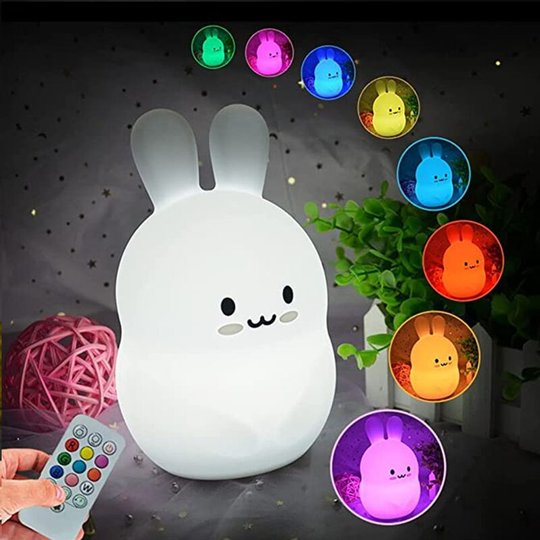 Rabbit Baby Night Light - Kids Toy Lamp, Silicone Bedside Lamp, Multicolor Lights - Adjustable Brightness and Color, Time Setting, Touch Controls and