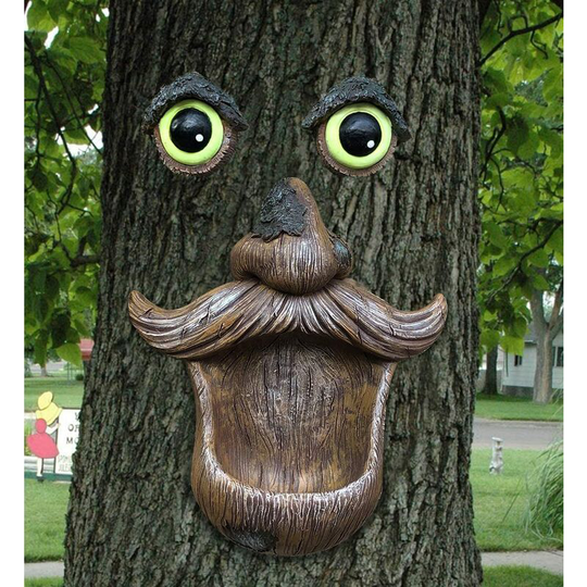 Tree Face Birdfeeder - Old Man with Glowing Eyes in Dark Outdoor Tree Hugger Sculpture - Whimsical Garden Decoration and Wild Birdfeeder Yard Art
