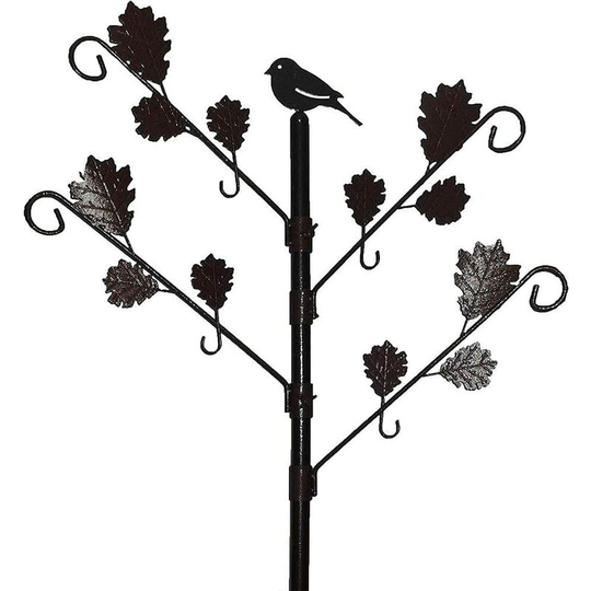 Bird Feeding Station with Leaves & 4 Branches, Outdoor Iron Garden Bird Feeder Waterproof Brown