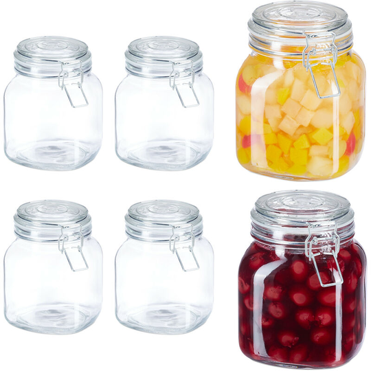 Glass Preserving Jars, Set of 6, 1 Litre, with Clip Top, For Pickling, Canning & Storage, Transparent - Relaxdays