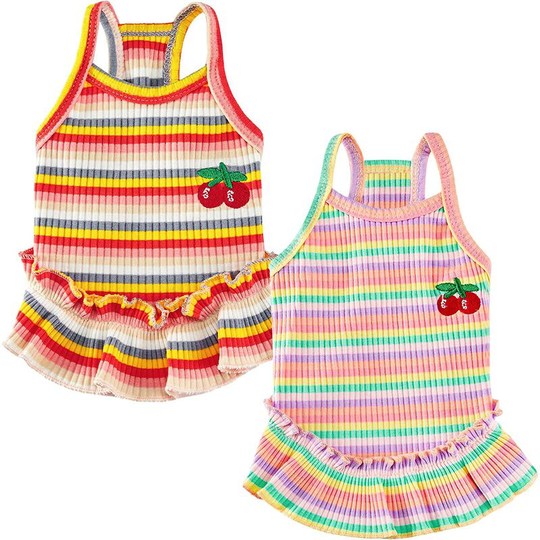 2 Pieces Dog Dress Puppy Clothes Rainbow Colorful Striped Dog Clothes Cherry Printed Puppy Dress Tutu Dog Princess Skirt Spring Summer Pet Clothes