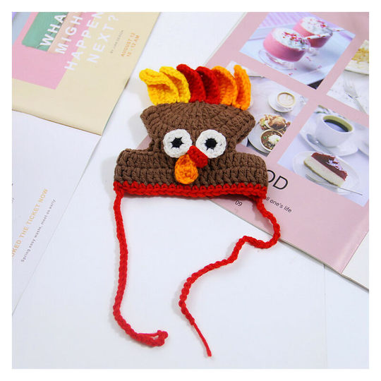 Cat Costume Turkey Hat Halloween Thanksgiving Party Handmade Crochet Pet Turkey Headgear Costume for Small Dogs Kittens (Brown)
