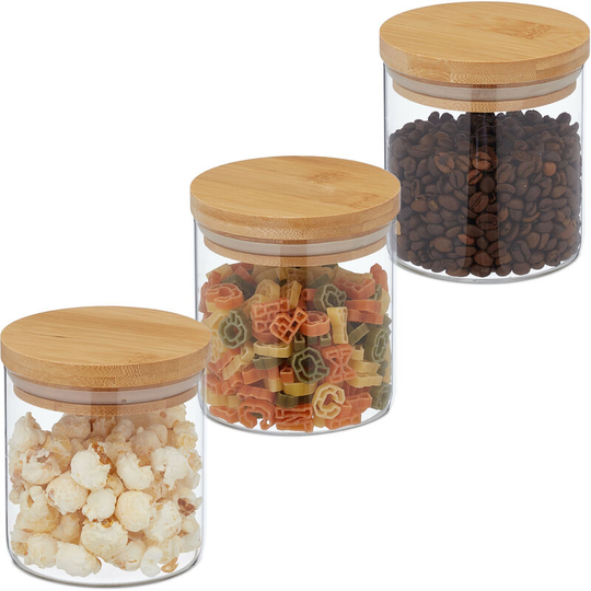 Storage Jars in Set of Three, 500ml Each, Bamboo Airtight Lids, Dry Food Storage, Glass, Transparent/Brown - Relaxdays
