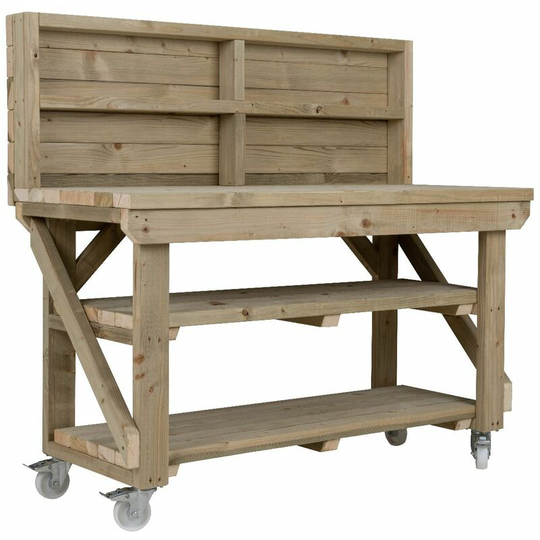 Wooden Pressure Treated Indoor / Outdoor Workbench, 6ft (180cm), With back panel, wheels and Double shelf