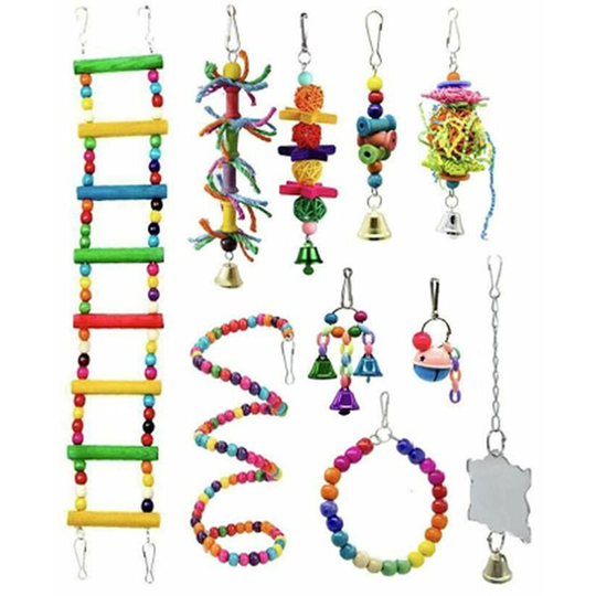 Lifcausal - 10pcs Bird Toys for Parrot Swing Climbing Rope Ladder Chewing Toys with Bells Nest Hanging Toy for Small Parakeets Cockatiels Conures
